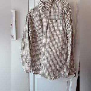 Wrangler Brown and White Plaid Button-Down Dress Shirt